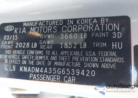 2016 Kia Rio Lx z USA, uszkodzony, nr VIN KNADM4A35G6539420